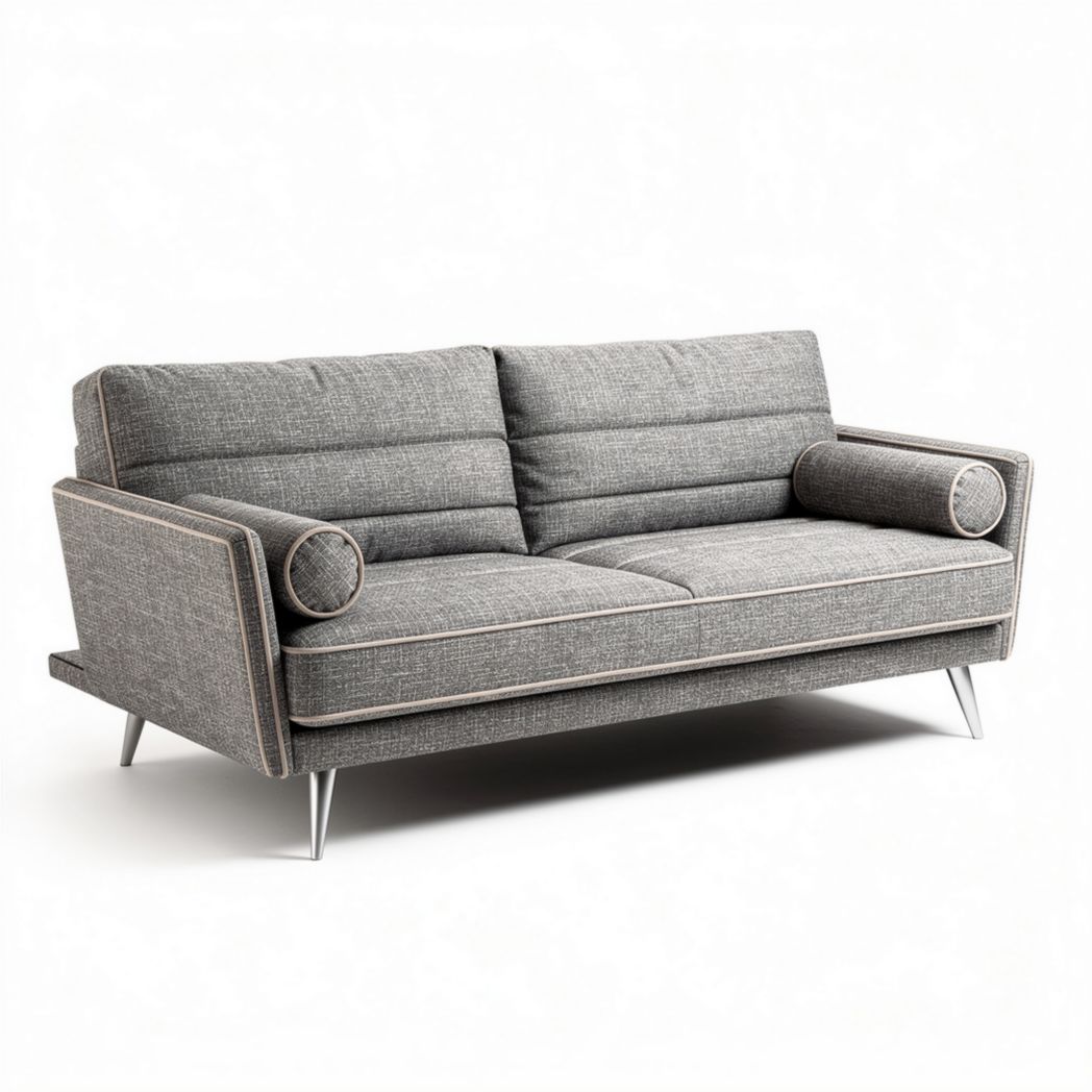 Grijs stoffen bank met metalen poten en ronde kussens 200 x 90 x 85cm