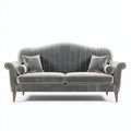 Sofa van grijs fluweel met ronde kussens en taillevorm 200 x 90 x 90cm