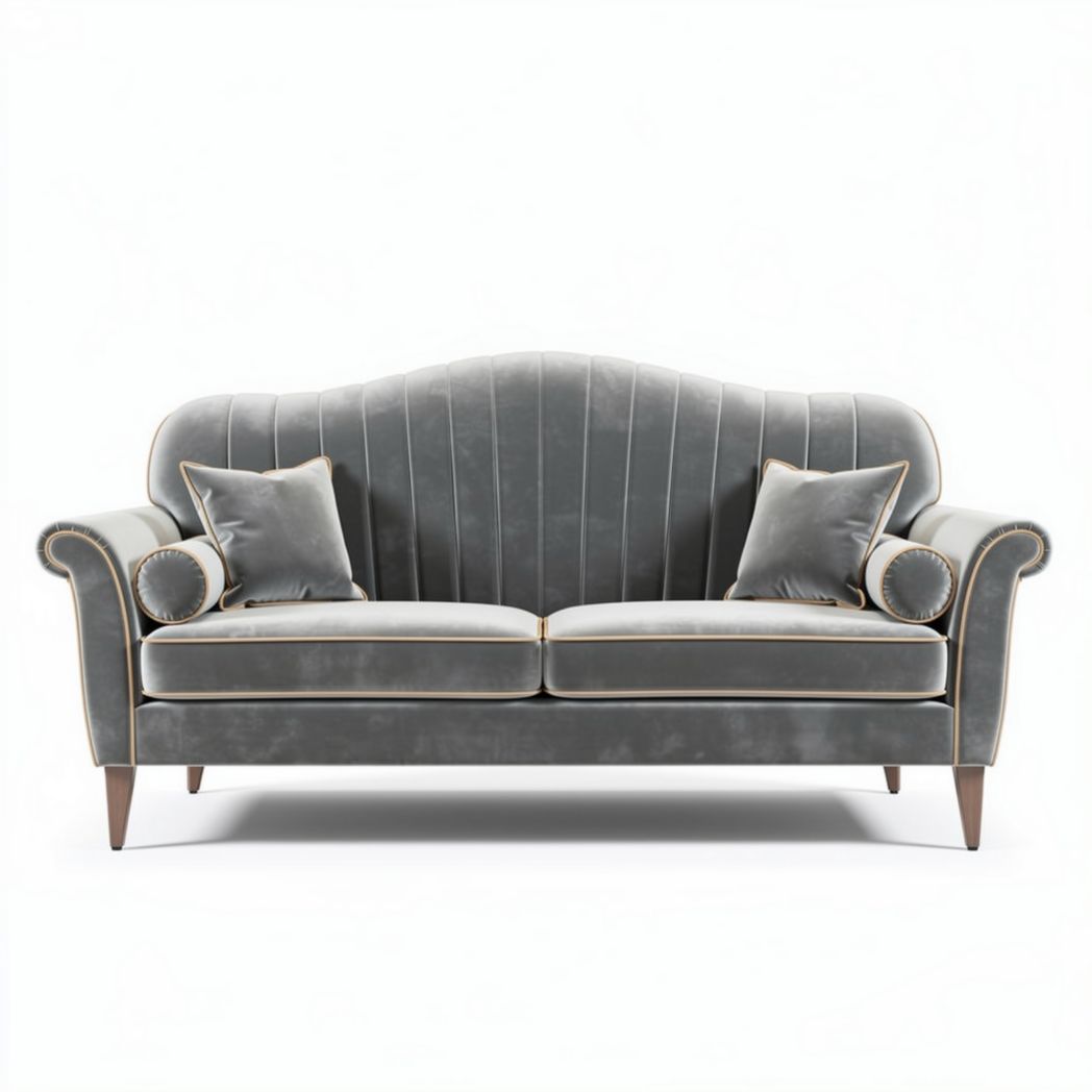 Sofa van grijs fluweel met ronde kussens en taillevorm 200 x 90 x 90cm