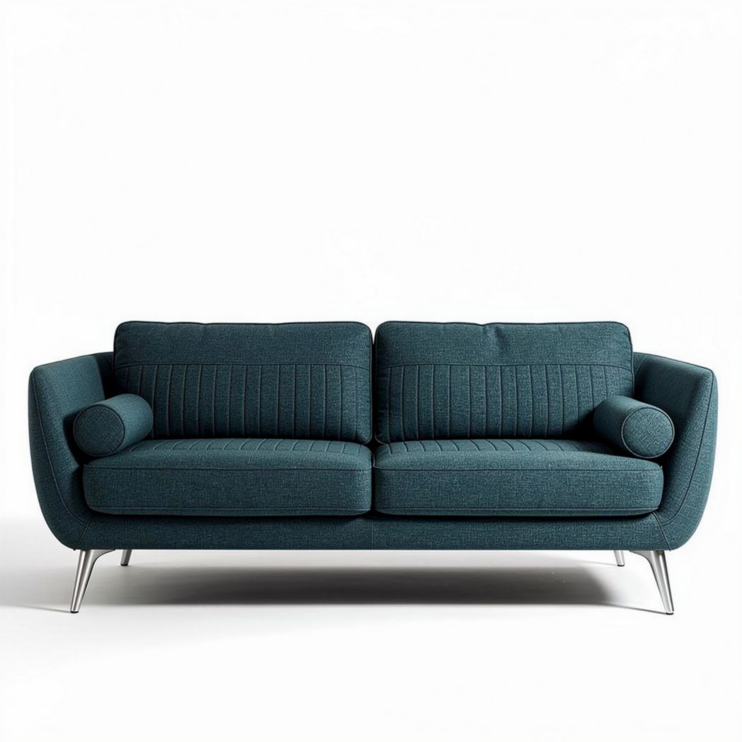 Tweedbank bank in blauw met rechte rugleuning en metalen poten 190 x 90 x 85cm