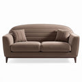 Bank in bruin stof met kussens en afmetingen van 180 x 75 x 85cm